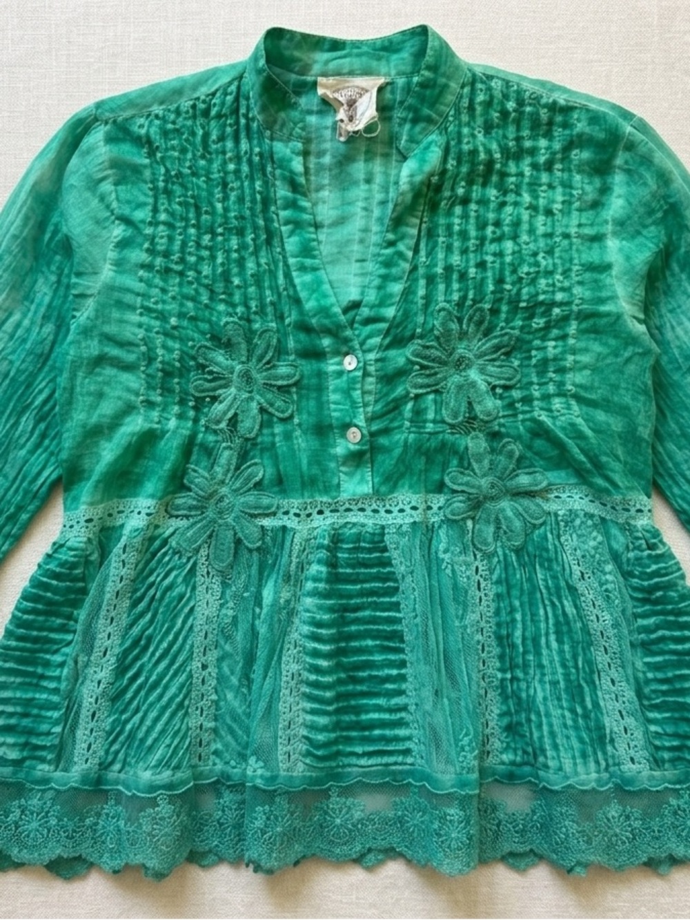 Muche et Muchette Jolene Voile Top Green Cotton Lace Embroidered Boho Blouse OS - Picture 2 of 11